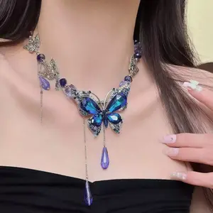 Shiny Jewelry Elegant Blue Butterfly Statement Necklace with Sparkling Crystals Purple Beads Vintage-Inspired Dangle Teardrop Charms Eye-Catching Choker for Party Evening Fashion-Forward Women sophisticated accessory evry jewel gold chain