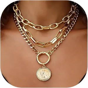 iF YOU Vintage Gold Layered Necklaces for Women Trendy, Chunky Cuban Link Paperclip Chains Necklace Stack, Coin Pendant Toggle Necklace Set Jewelry Gifts (Chunky gold coin paperclip)