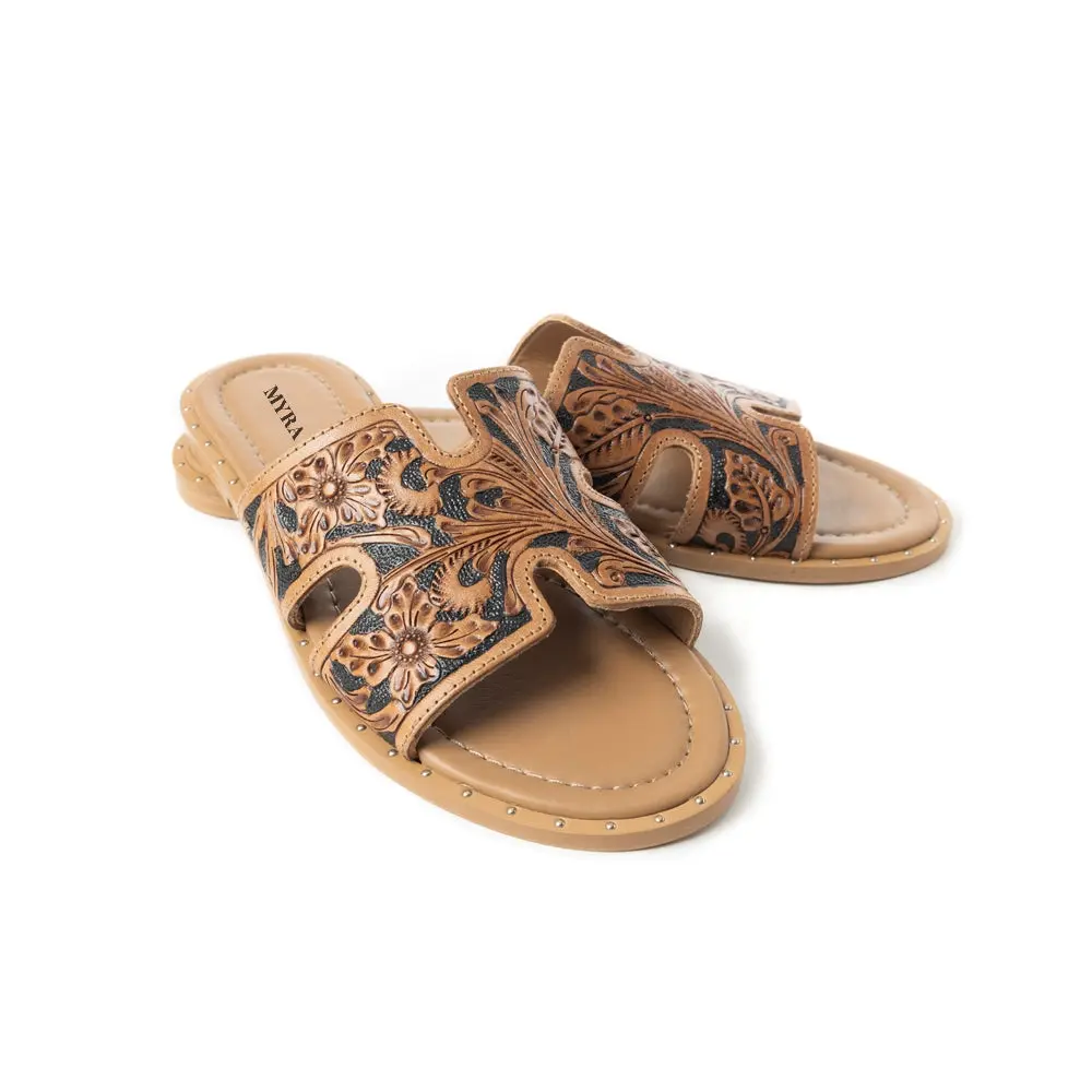 Myra Carmina Anne Hand-Tooled Genuine Leather Sandals for Women in Dark Brown and Black, Comfortable Western Slip-Ons, Classic, Footwear
