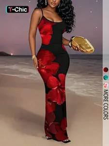 Women's Fashion Elegant Floral Print Halter Dress, Sexy Casual Summer Dress, Stylish Party Wear, Comfortable and Chic Design, Elegant Sleeveless Gown, Floral Pattern Dress, Evening Party Dresses