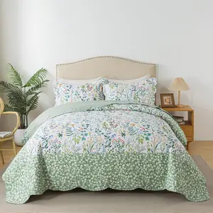 Bedspread - California King Quilt, 3-Microfiber Bedspread, Green  White Floral Pattern, Extra Large 120x120 for Seasons