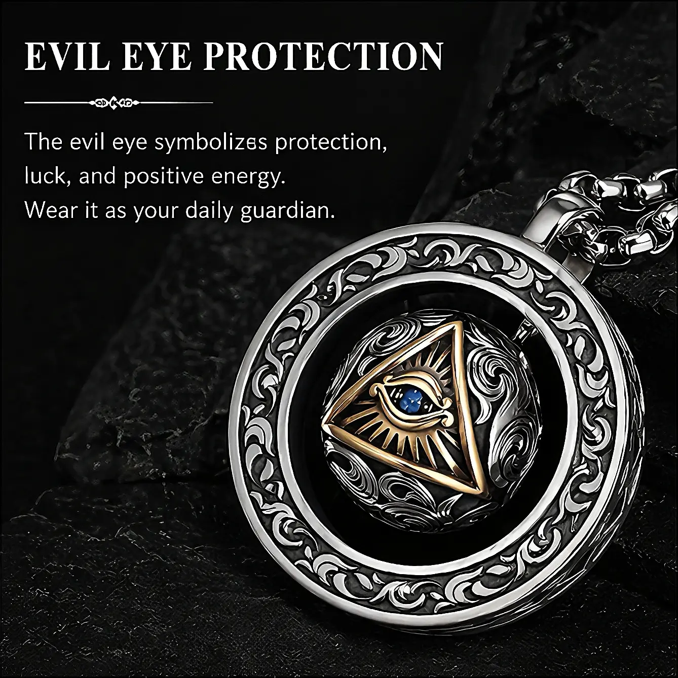 Vintage All-Seeing Eye Pendant Necklace, Unisex 2-Tier Round Amulet in Silver Plated Copper with Engraved Motif, Spiritual Jewelry for Daily Wear with Adjustable Length Chain, Copper Plated, Lucky Amulet, Round Pendant