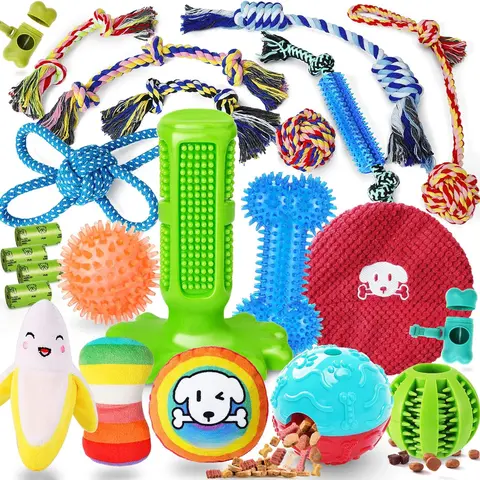 23-Pack Variety Durable Chew Dog Toys for Puppies - Teething Relief, Boredom Reduction, Interactive Training Ball, Rope Toothbrush Toys for Small Dogs, Animal Print Design