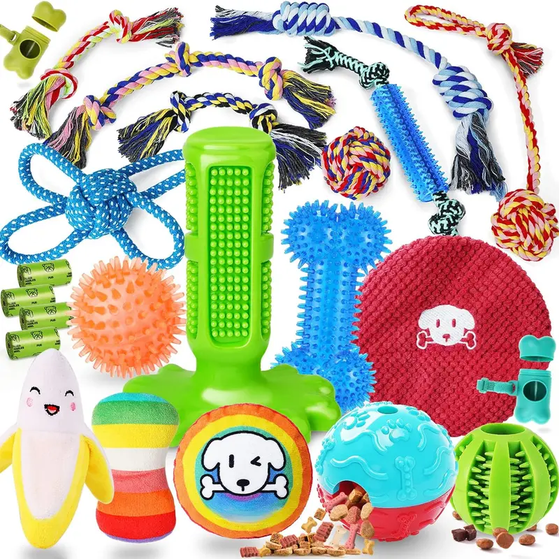 23-Pack Variety Durable Chew Dog Toys for Puppies - Teething Relief, Boredom Reduction, Interactive Training Ball, Rope Toothbrush Toys for Small Dogs, Animal Print Design