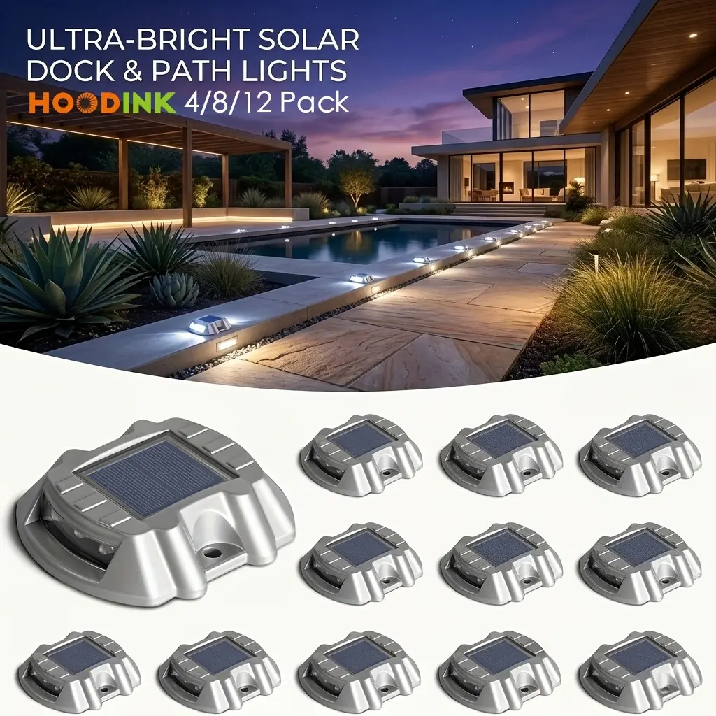 Hoodink Solar Ground Lights Outdoor, IP44 LED Solar Dock Lights, Aluminum Ultra Bright White Lighting, Up to 10 Tons Endurance, Driveway Path Road Lights for Garden Deck Step Fence Stairs Walkway(Cool White)