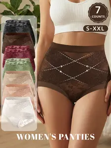 7 Pcs   MEIYATING   Cross Waist Lace High-Waisted Women's Underwear, S-Xxl, Strong Belly Control, Elastic, Sexy, Breathable Triangle Panties, Womenswear Elegance