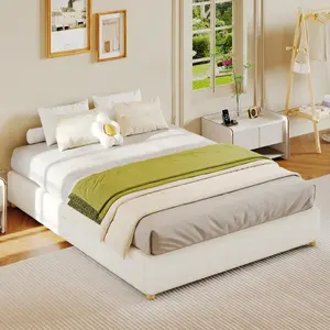 Garvee Full Size Cloud Bed Frame，Teddy Fleece Low Bed Frame Without Headboard, Thick Boucle Fabric Upholstered Platform Bed, Solid Wood Legs, No Box Spring Needed, Never Squeak, Easy Assembly, Cream