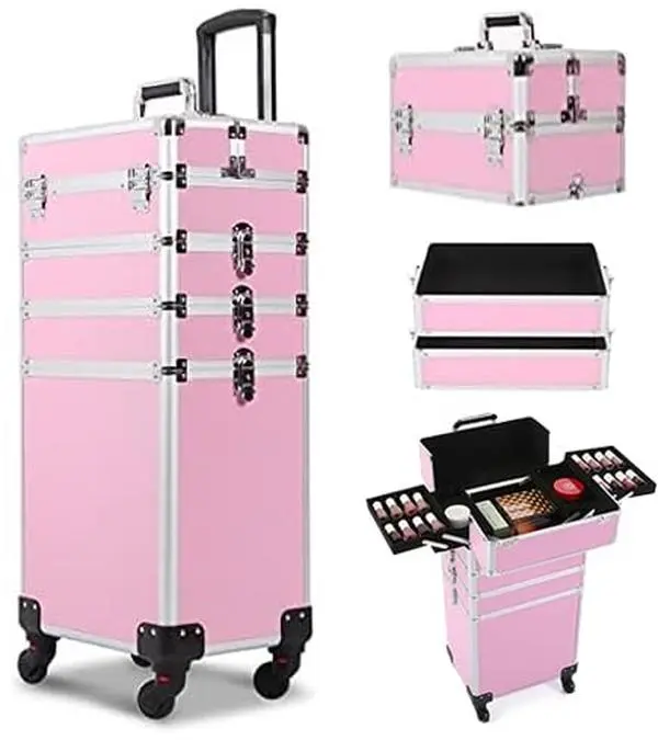 4 in 1 Rolling Makeup Train Case, Large Storage Cosmetic Trolley Makeup Travel Case with Key & Wheels Salon Barber Case Traveling Cart Trunk, Pink