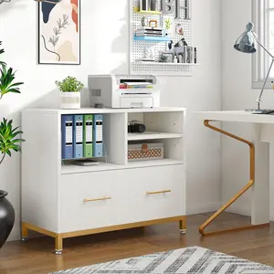 TRIBEWOOD Lateral File Cabinet with Drawer, White Filing Cabinet with Adjustable Hanging Rod for Letter/Letter/A4 Size Files, 35.4" Wood Modern Printer Stand with Open Storage Spaces for Home Office