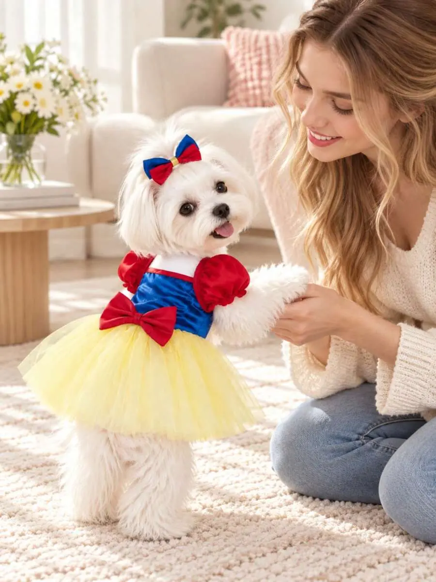 PETKI 1 Set Cute Pet Princess Ballet Dress, Satin Colorblock Dog Outfit With Bow Decor And Matching Headband, Suitable For Photos And Holidays, 1pc Princess Dress/1pc Hair Clip