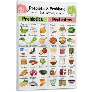 Prebiotic And Probiotic Food Chart Poster,Gut Microbiome Food List Canvas for Bedroom Living Room Decor 08x12inch(20x30cm) Frame-style