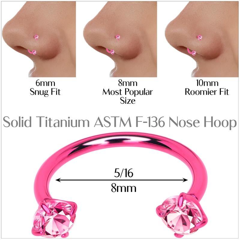 Pink Double Gem Horseshoe Nose Ring - Solid Titanium Anodized