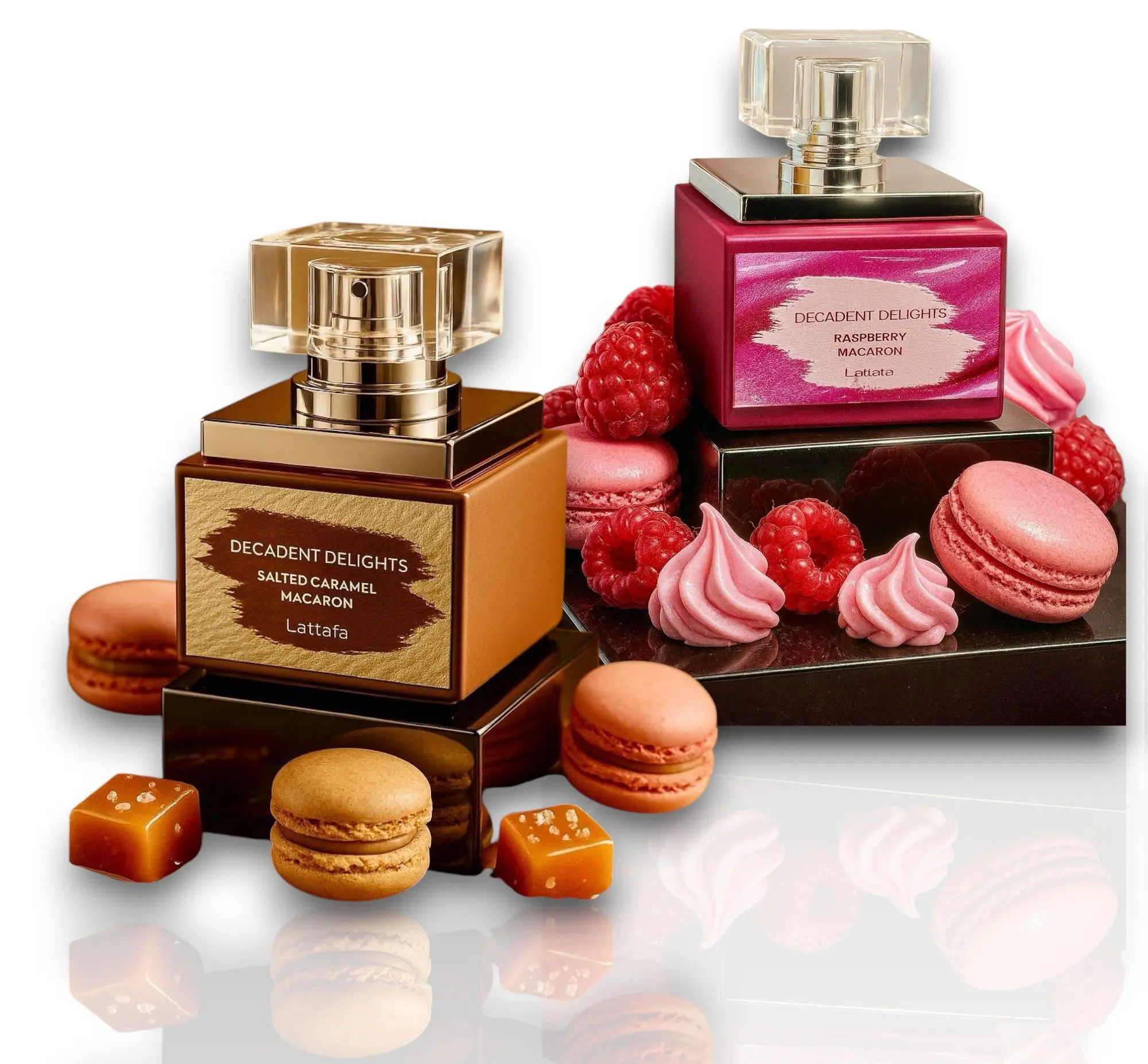 Lattafa Decadent Delights Unisex EDP, 50 ML Alcohol-Base Duo Multi-Pack Fragrance with Salted Caramel Macaron, Raspberry Macaron, Sandalwood, Raspberry, Tonka Bean, Vanilla Notes