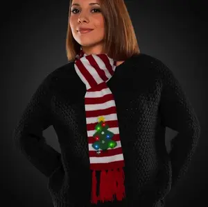 LED Christmas Tree Striped Scarf - Red and White Knit Scarf with 6 Multi-Color LEDs