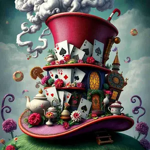 Wonderland Mad Hatter Hat Diamond Painting Kit, Fantasy Tea Party Playing Cards Art, High-Quality Full Drill Round & Square Rhinestone Mosaic, 5D DIY Handmade Cross Stitch Home Wall Decor, 12x16 inch / 30x40cm