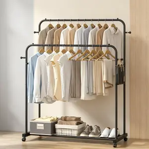 UDEAR Double-Rod Movable Garment Shelf with Wheels and 4 Hooks, Multi-functional Bedroom Clothes Rack