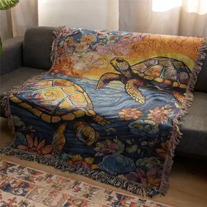 Two Large Sea Turtles Pattern Bohemian Yarn Jacquard Woven Blanket with Tassel, Thick Soft Washable Blanket, Used for Home Decor Sofa Chair Bed Tapestry Tablecloth Floor Garden Picnic Outdoor Camping