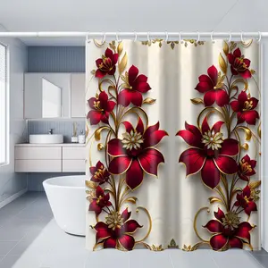 [1pc Red Rose Shower Curtain] Polyester 1pc Metal Red Rose Printed Shower Curtain 66x72 Inches | High-end Art Style White Background Hooks All Seasons Universal Home Decor Bathtub Bathroom