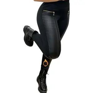 Faux Leather Leggings for Women Pleather Pant Elastic Mid Waisted Stretchy Patch Zip Tights