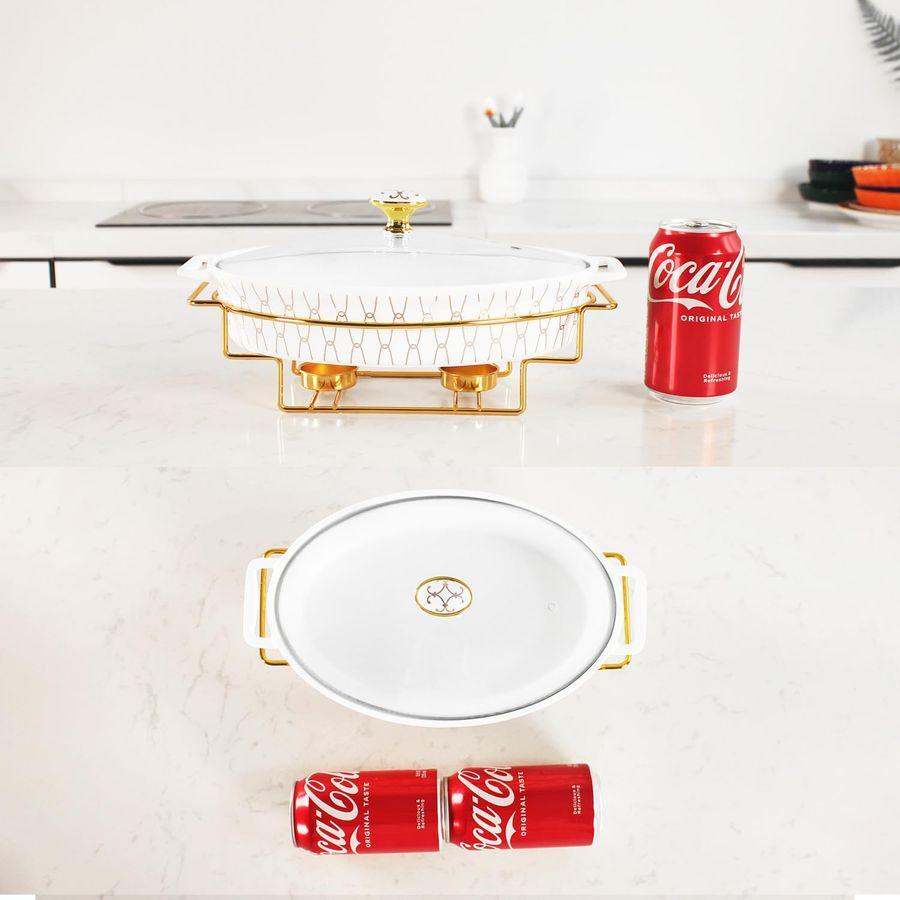 x 7 Ceramic Oval Casserole Dish with Glass Lid and Gold rack, 30 ounce Serving Soup Tureen,Chafing Dish for Buffet, Family Food