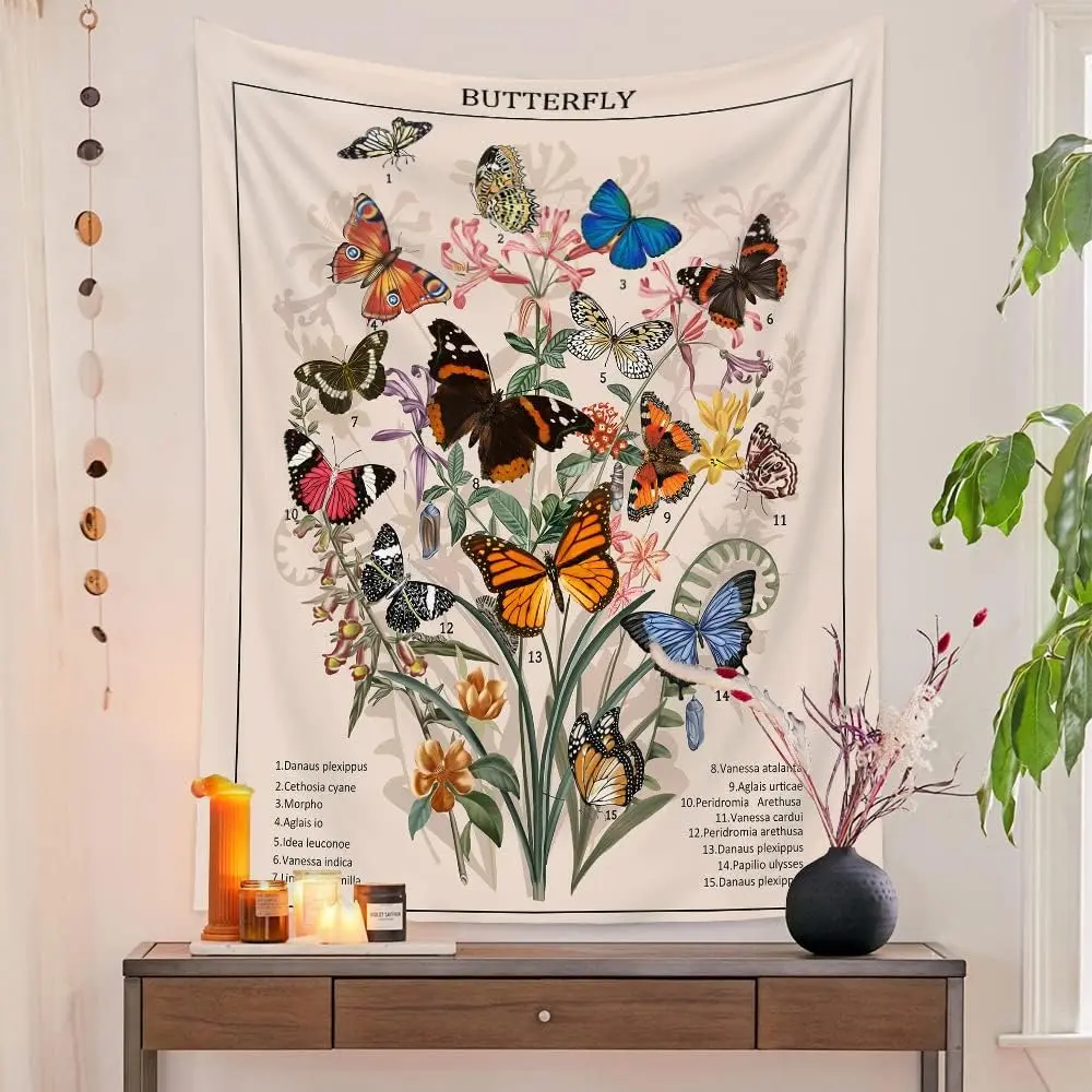 Butterfly Tapestry Flower Tapestries Vintage Vertical Floral Plant Tapestry Wall Hanging Colorful Identification Retro Art Aesthetic Wall Tapestry for Bedroom Dorm Living Room (Navy Blue M(27 x 39))
