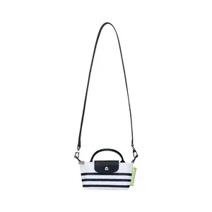 Longchamp Le Pliage 17 Striped Snap Zipper Closure Short Handle Canvas Tote Bag For Women In Navy Blue And White
