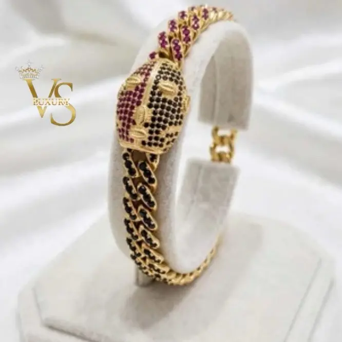 Valdes Luxury – Elegua Bracelet 14K Gold Plated Laminated Finish Red & Black Stone Design