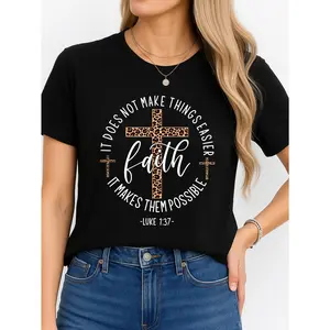 funny shirts Women's Short-Sleeve  Fabric Solid Top - Black, Round Neck, Faith Cross, Religious Inspiration, Minimalist Streetwear, Personalized, All-Seasons Comfortable Breathable, Casual Everyday Wear, Suitable For 2 Key Outfits, Made In USA