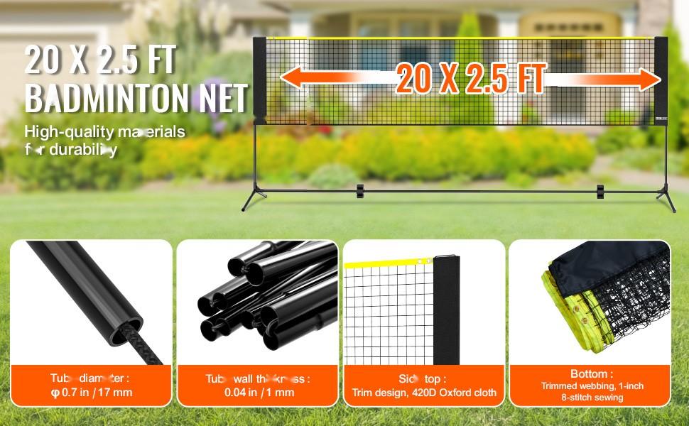 Height Adjustable 20ft Wide Portable Sports Net Set For Badminton, Volleyball, Pickleball And Tennis — Foldable Net With Poles, Stand, Carry Bag, Rackets, Nylon Shuttlecocks, Suitable For Backyard, Indoor And Outdoor Use