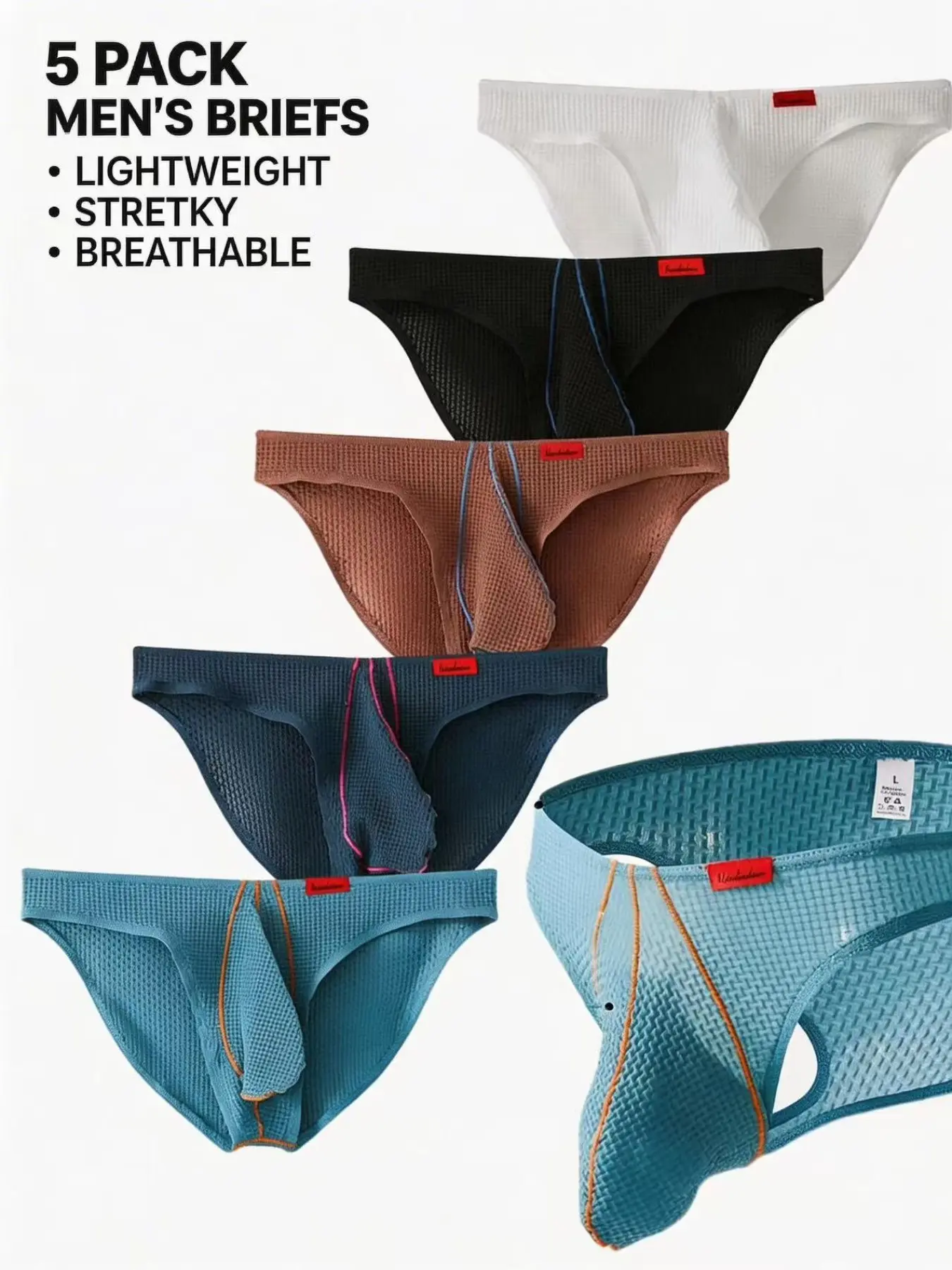 Men's Breathable Waffle Triangle Underwear, 5 Pack Colorblock Design, Comfortable Daily Wear, Stylish Men's Panties