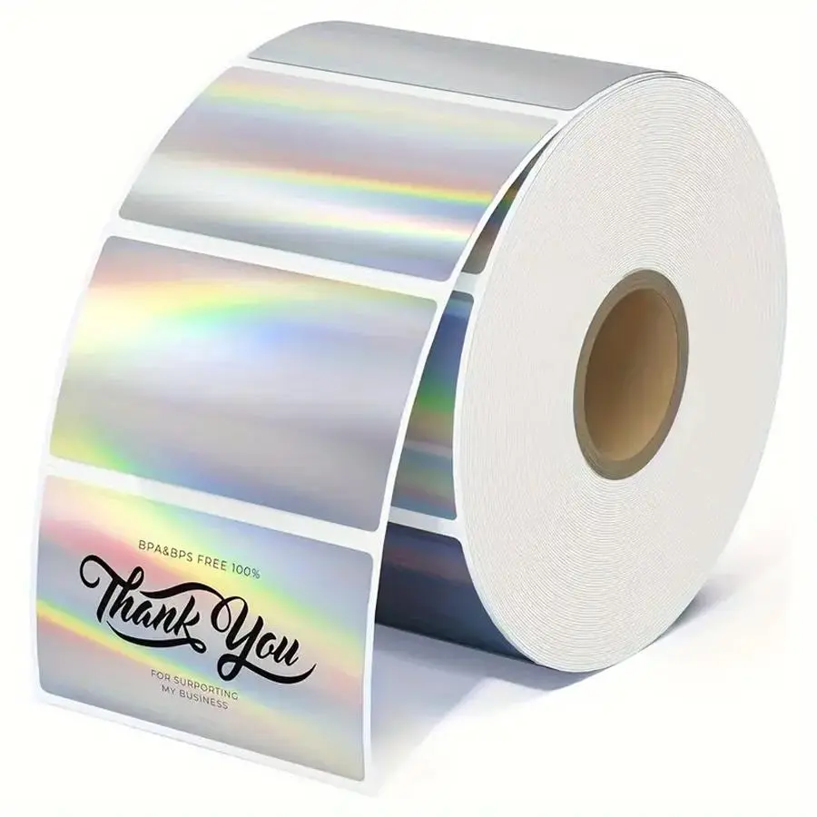 Holographic Silver Thermal Sticker Label, 500pcs/roll 2.25 Inch x 1.25 Inch Printable Sticker Label, Self Adhesive Label Sticker for DIY Decoration, Customizable Stickers