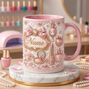 Custom Girly Makeup Mug 2D Printed 3D Effect, Personalized Name Ceramic Coffee Cup with Pink Ribbon, Lipstick, Pearl Design, Birthday Gift for Her