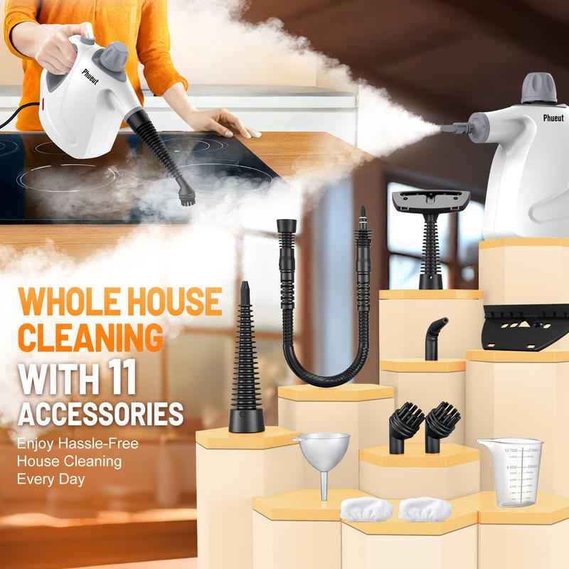 Phueut 1250W Pressurized Steam Cleaner with 11-Piece Accessories 360-Degree Angle for Floor Grout Tile Grease Multipurpose Home Cleaning Tool 15.2OZ Water Tank Capacity