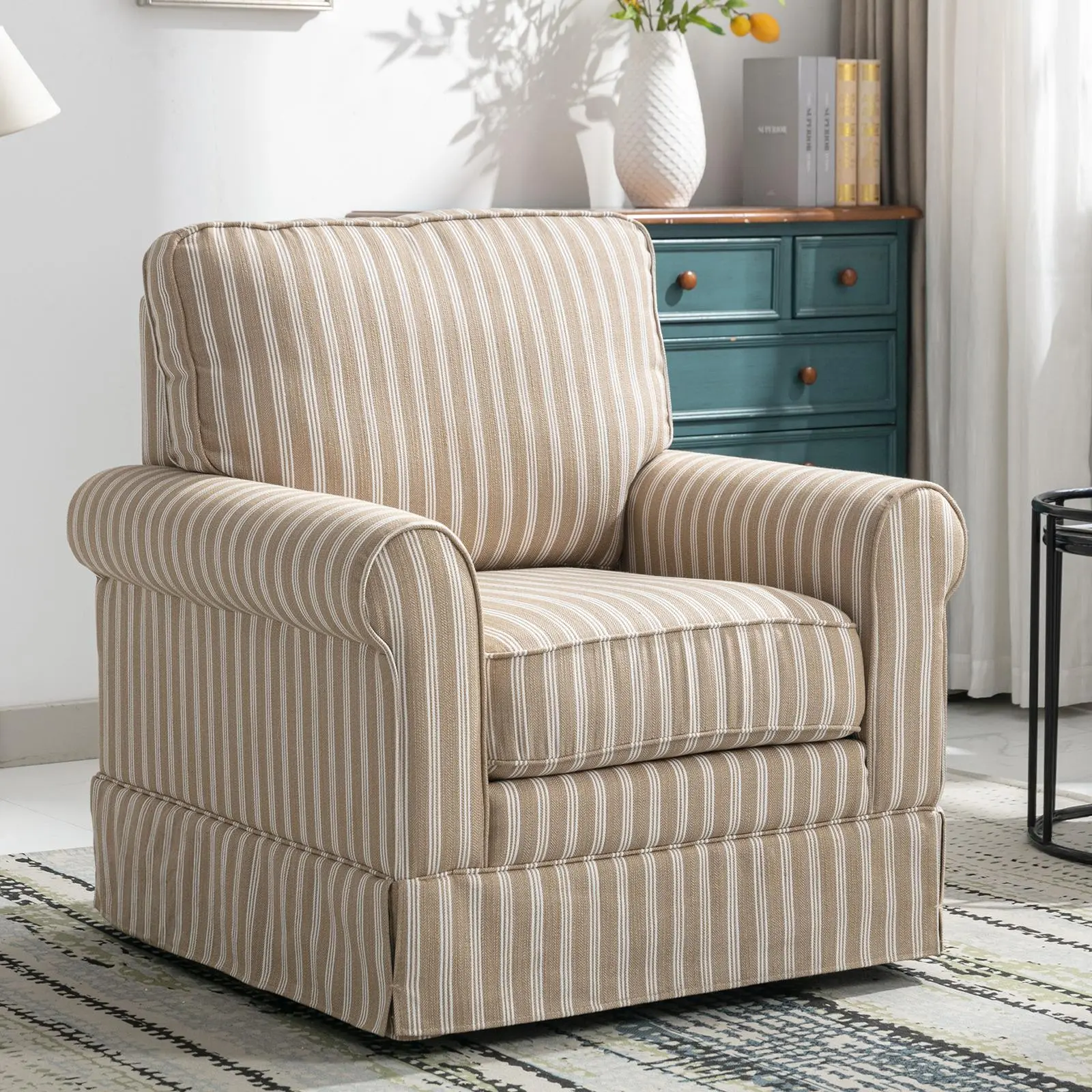 Ebello Swivel High Back  Linen Mid Century Modern Accent Chair – Wood Frame, Upholstered Seat with Waist Cushion – Elegant & Durable for Any Room，Fully Assembled, Brown Stripe