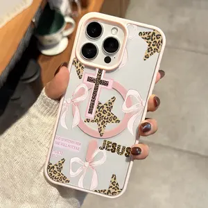 Pink leopard print faith element pattern, anti drop and anti slip support MagSafe charging phone protective case, suitable for iPhone 17 16 15 14 13 12 11 XS X and other series models, can be given as a gift to friends or family