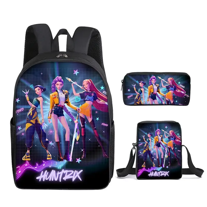 3Pcs KPOP Anime Print Backpack Set for Teen Girls Women, Large Capacity Multi-Layer Water Resistant Student Daypack, Complete Combo Includes Crossbody Shoulder Bag & Matching Zipper Pencil Pouch for School Travel Daily Outdoor Shoppi