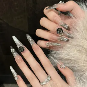 Nail Apparel Hand Made Long Ballet Press on Nails Luxury UV Finish 10 Pcs Set with Various Sizes (Medium Pack of 10) Featuring Rhinestone Pearls reusable press-on Medium Length