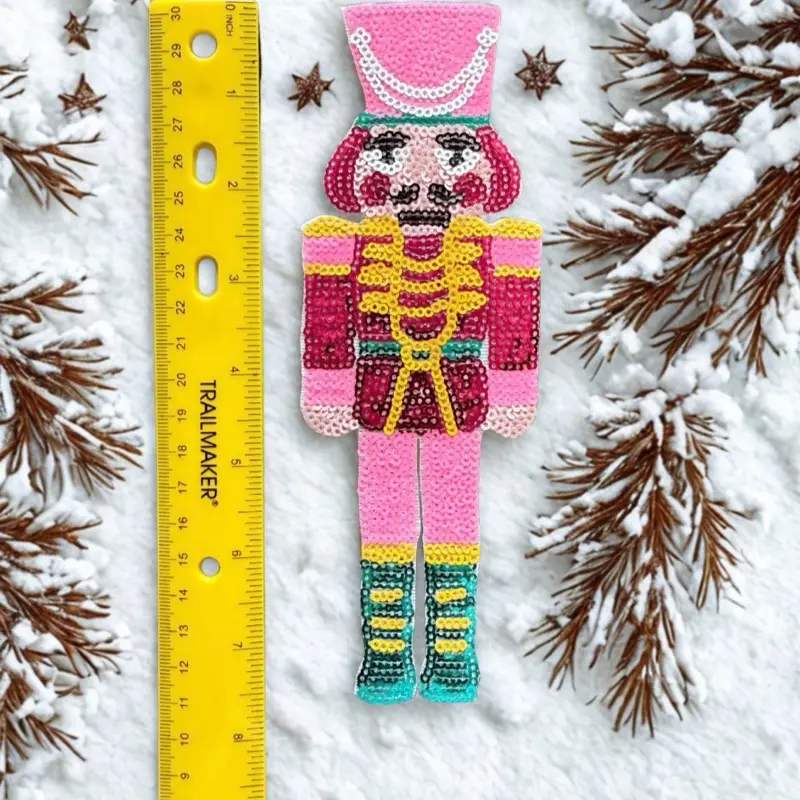 Nutcracker sequence Fabric Iron-On Patch Pink Sequined Santa Baby Embroidery for Jackets Dresses DIY Christmas Decoration Hand Sewing Craft Supplies