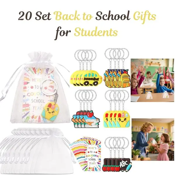 20 Pack Back to School Gifts for Students Bulk Keychains Set, First Day of School Apple Pencil Book School Bus Keychains with Blessing Cards, Classroom Rewards, Beginning of School Year Party Favors