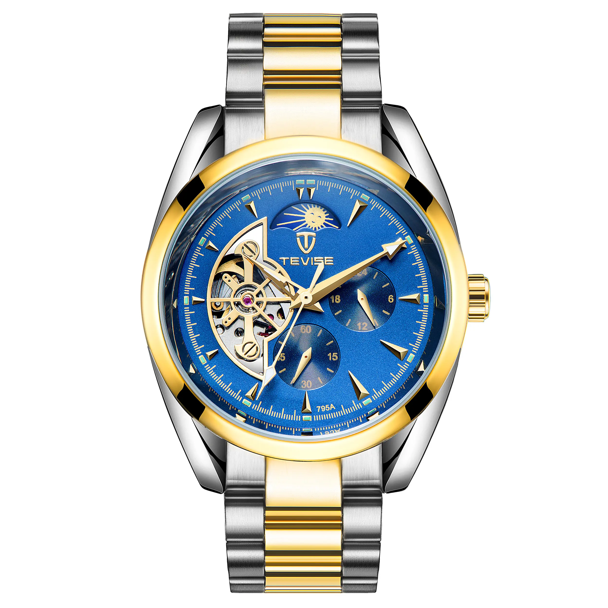 Men's Automatic Skeleton Watch - Day Night 24H Dial, Stainless Steel Band Luminous Waterproof Wristwatch