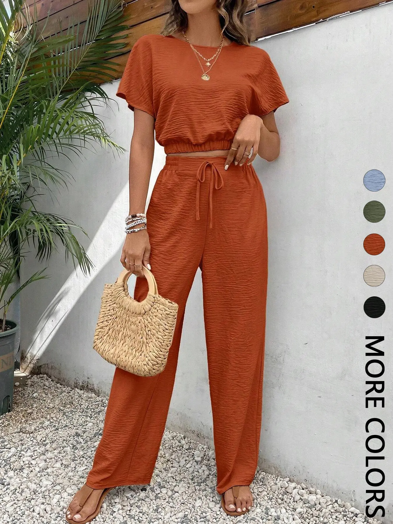 Women's Solid Color Top & Wide Leg Pants Two-piece Set, Basic Casual Fashion Chic Cozy Everyday Top & Trousers for Daily Outdoor Wear, Ladies Summer Clothes, Womenswear