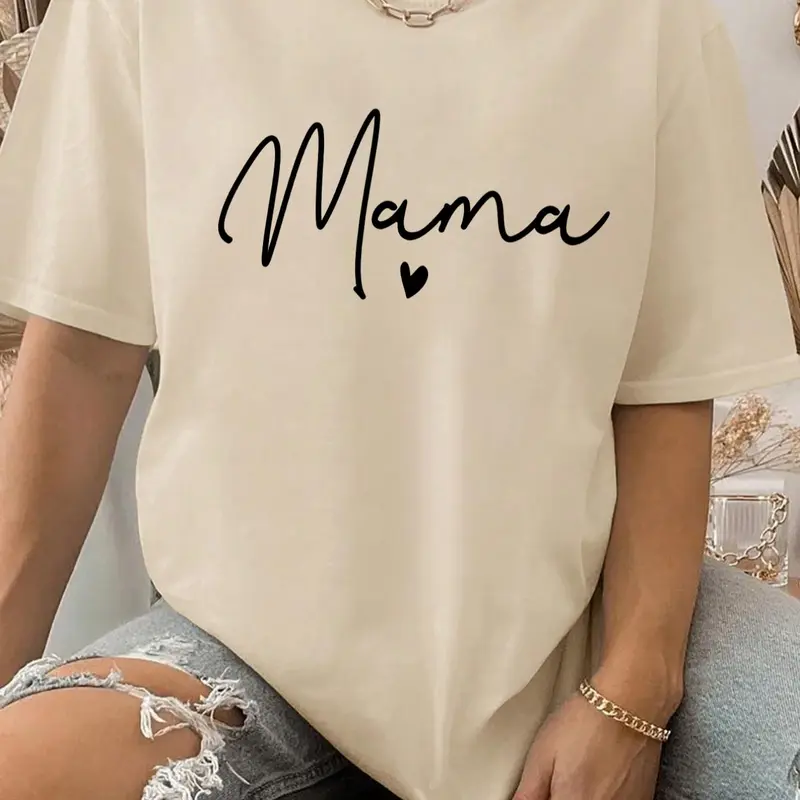 Women's "MAMA" Letter Print Round Neck Tee, Casual Short Sleeve Crew Neck T-Shirt for Daily Wear, Everyday, Ladies Clothes for All Seasons, Top, Casual T Shirts