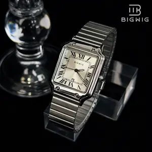 BIGWIG 8001B Unisex Square Stainless Steel Watch, Geometric Quartz Wristwatch with a Sunray Dial, Roman Numerals, and Date Window, Geometric Quartz Watches
