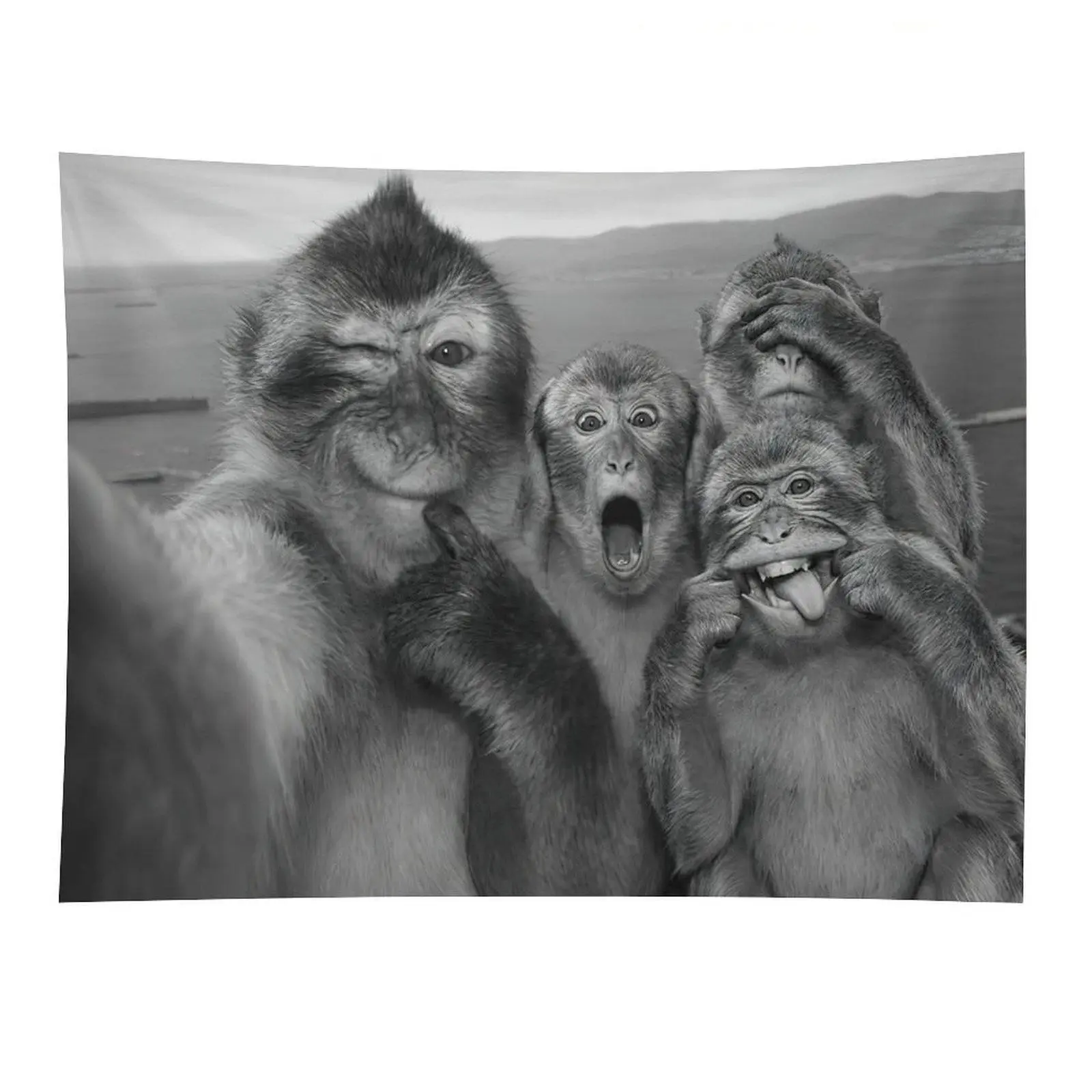 Funny Monkey Selfie Tapestry Black White Silly Faces Wall Hanging Decor