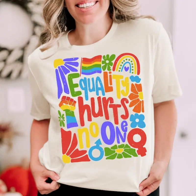 Women's Casual Round Neck Short-Sleeve Tee - 100% Combed Premium Smooth Fabric, Heavyweight/Lightweight Options, Rainbow LGBTQ Pride Flag, Equality Hurts No 1 Slogan, USA Made, Essential Women's Clothes Top