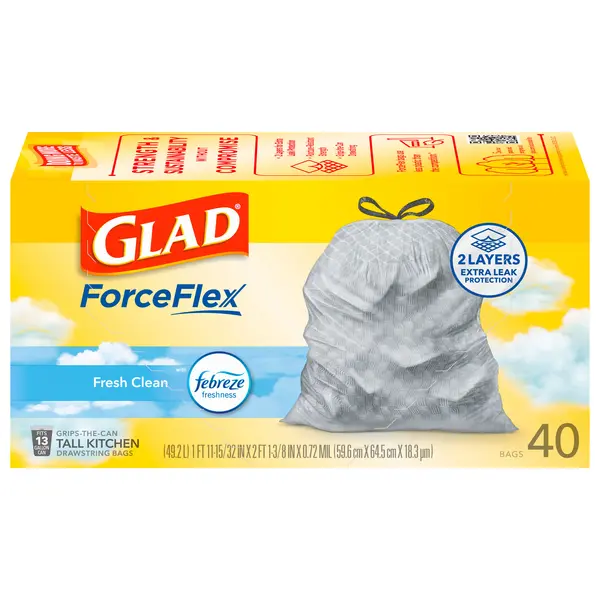 Glad Tall Kitchen Drawstring Trash Bags - Odorshield 13 Gallon White Trash Bag, Febreze Fresh Clean, 110 Count