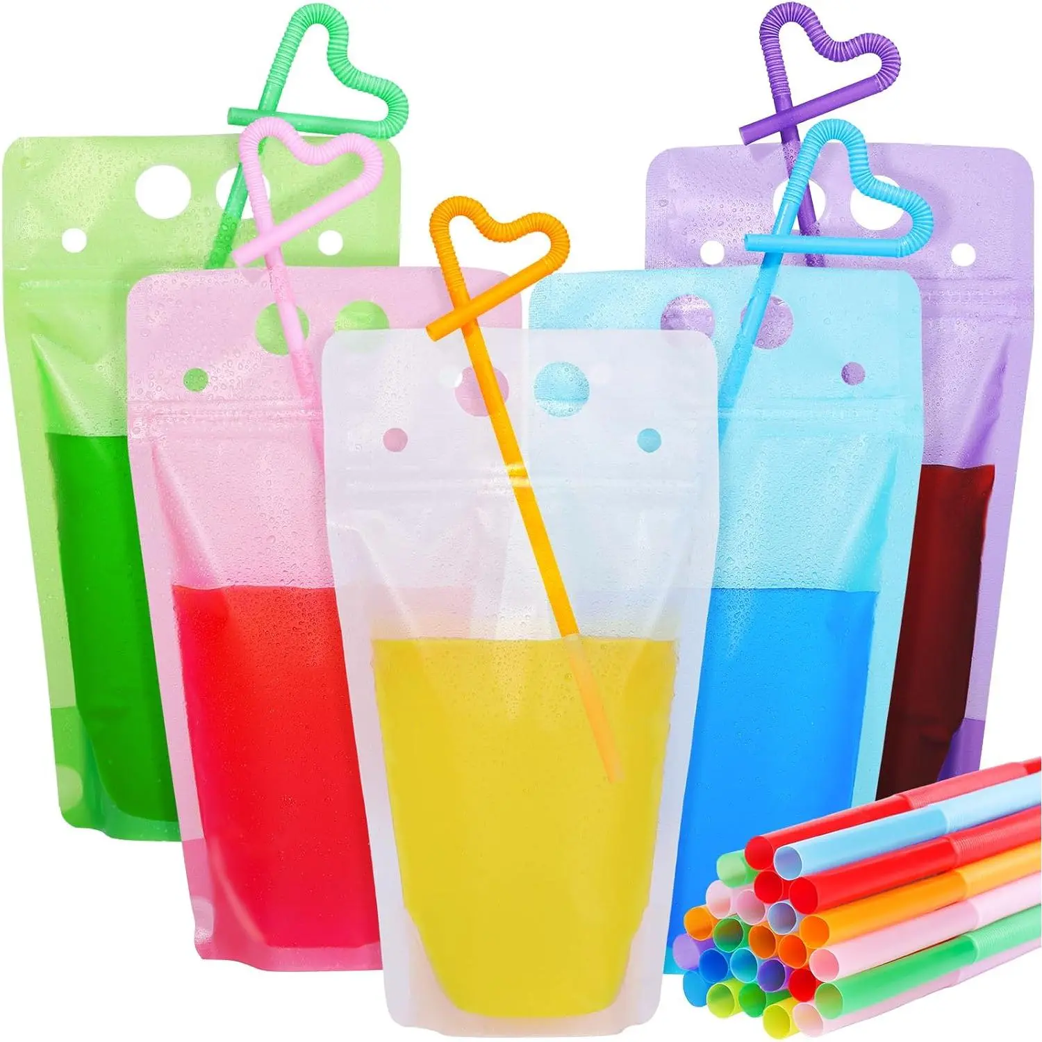 25 count Colorful Drink Pouches Juice Pouches Drink Pouches with Straws, Drink Pouches for Drinks for Adults, Frozen Drink Pouches Bags for Smoothies Juices  Plastic,16oz Colorful
