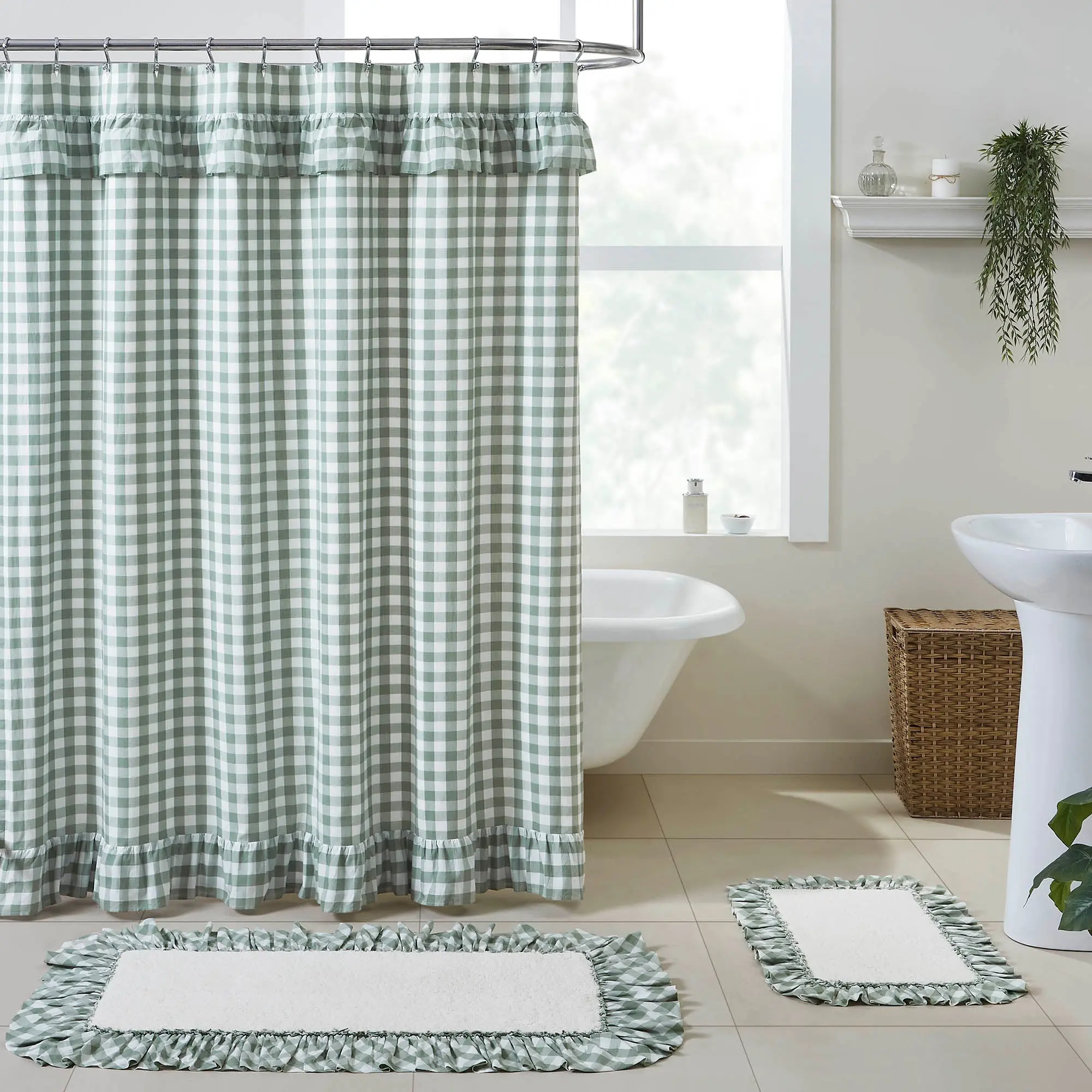Sage Ann Plaid Cotton Decorative Shower Curtain with Ruffled Design, Hanging Bathroom Accessory, Ruffled Edges