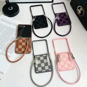 PU composite leather checkered design, equipped with a carrying strap, hard PC back plate protective phone case, suitable for Samsung Galaxy Z Flip7, Z Flip7FE, Z Flip6, Z Flip5