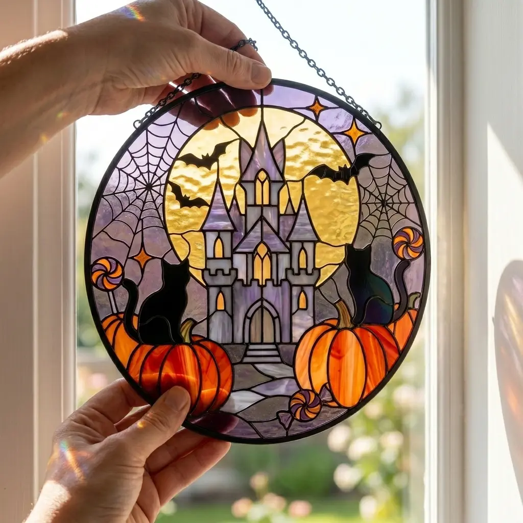Floral Stained Glass Hanging Black Cat Halloween Suncatcher, Hangable Acrylic Gothic Castle-Pumpkin Decoration, Colorful Room Home Decor, Spooky Season Cat Mom Autumn Holiday Gift